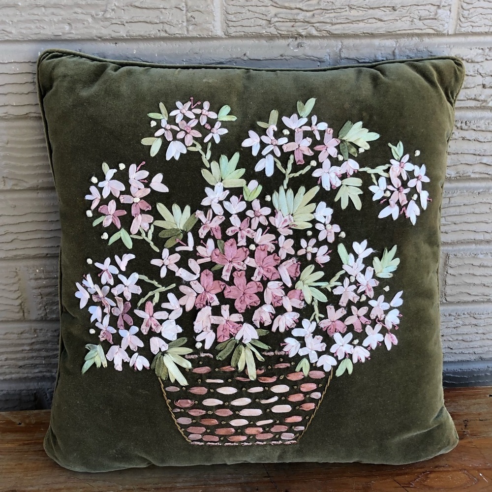Green Velvet Square Accent Pillow with Pink Embroidery Flowers Size 15”